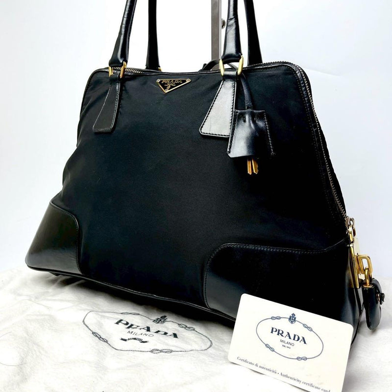 Prada Triangle Logo Handbag Shoulder Bag Tote Tessuto Nylon Leather Gold