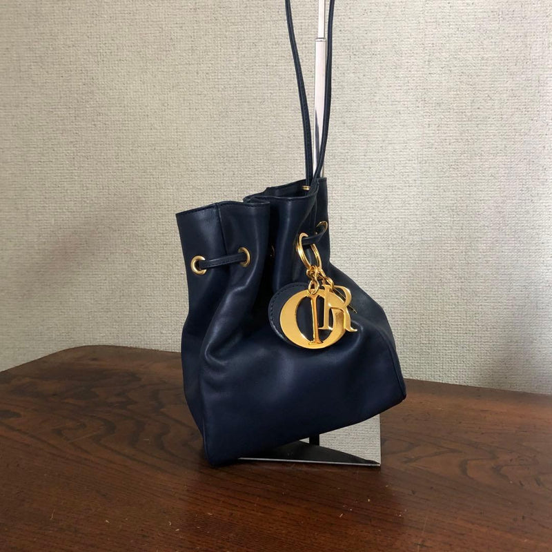 Drawstring Handbag Leather Navy Charm Cannage Logo Hardware