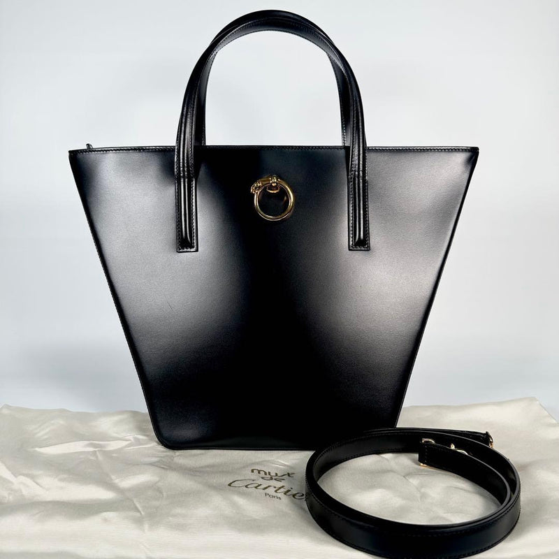 Panthere Handbag Shoulder Bag Tote 2-Way Black Leather Gold Hardware