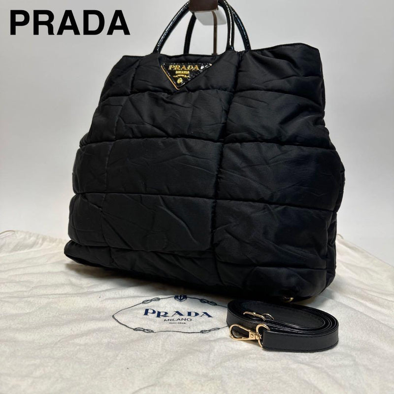 Prada Tessuto Bomber Crispy 2-Way Shoulder Bag Nylon Black Gold Hardware