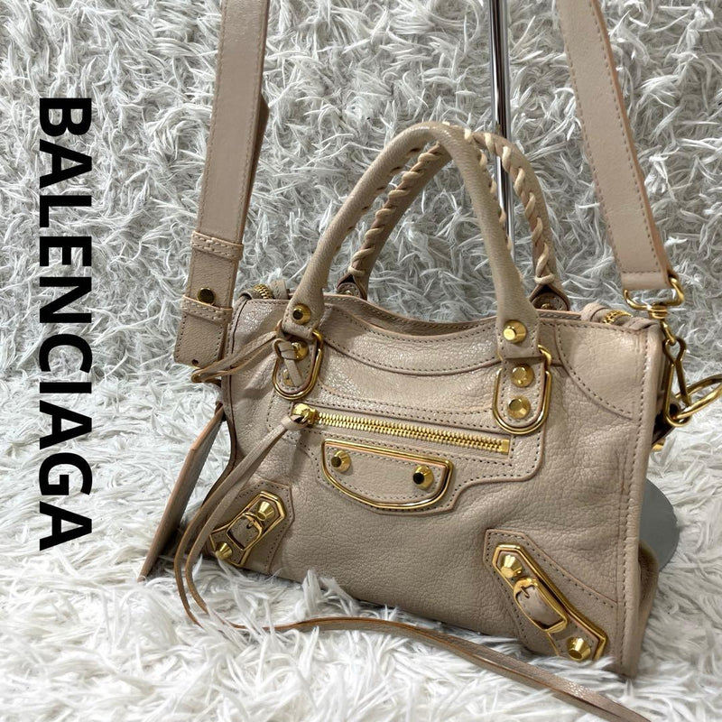 2WAY Handbag Shoulder Bag Leather Beige