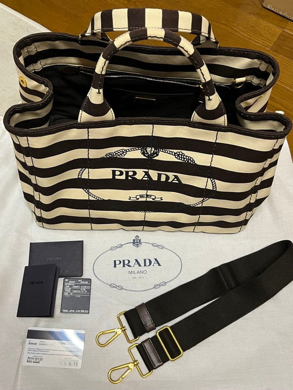 Canapa Stripe Canvas Handbag Shoulder Bag Tote Brown Beige