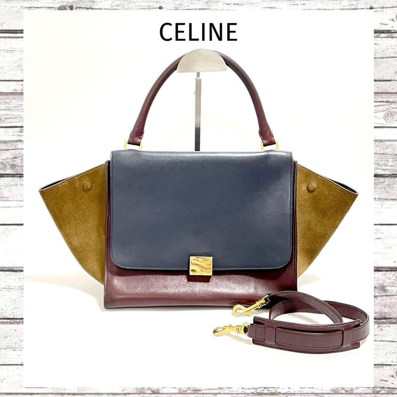 Trapeze Handbag Shoulder Bag Leather Suede Navy Brown Khaki Gold Hardware