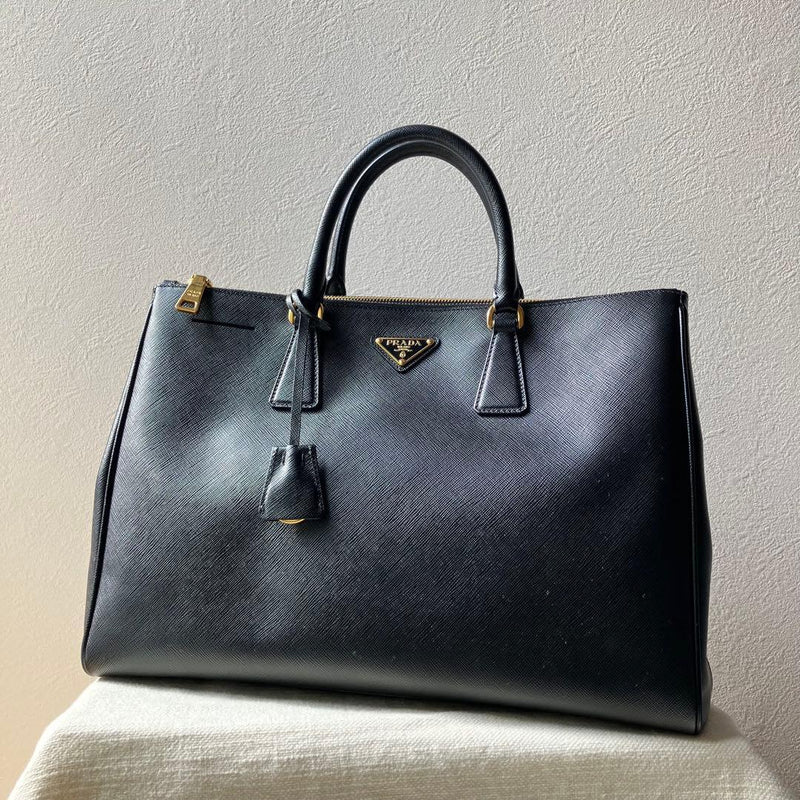 Saffiano Leather Handbag Tote Shoulder Bag Black Gold Hardware