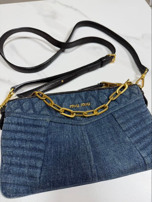 Denim Shoulder Mini Bag Blue Gold Chain Leather