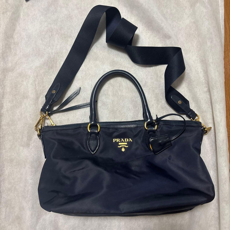 Prada Nylon Shoulder Bag Navy Blue Gold Hardware