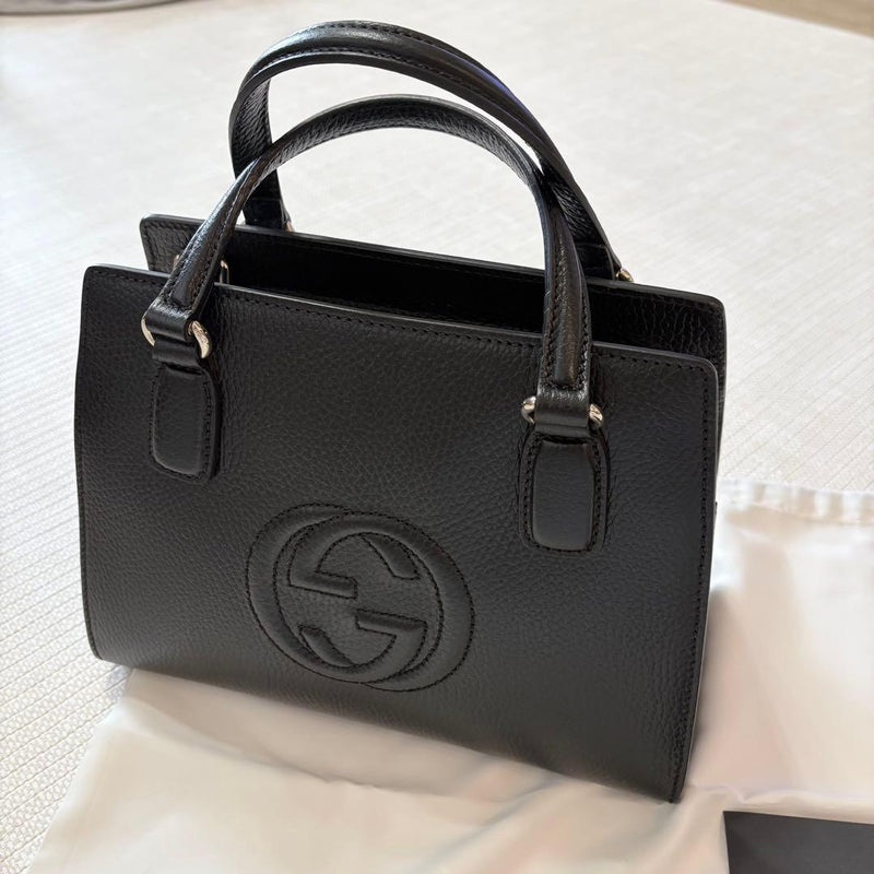 Gucci 607722 Handbag Tote Shoulder Bag Leather Black Gold Hardware