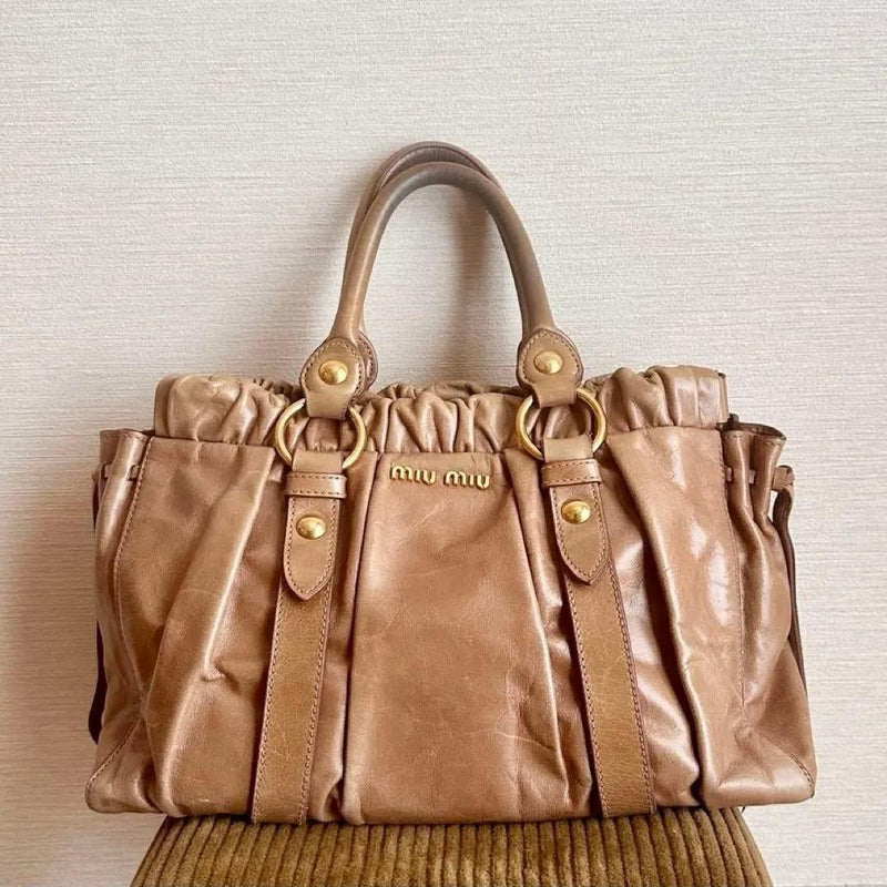 Miu Miu Vitello Lux Shoulder Bag Crossbody Handbag Leather Beige