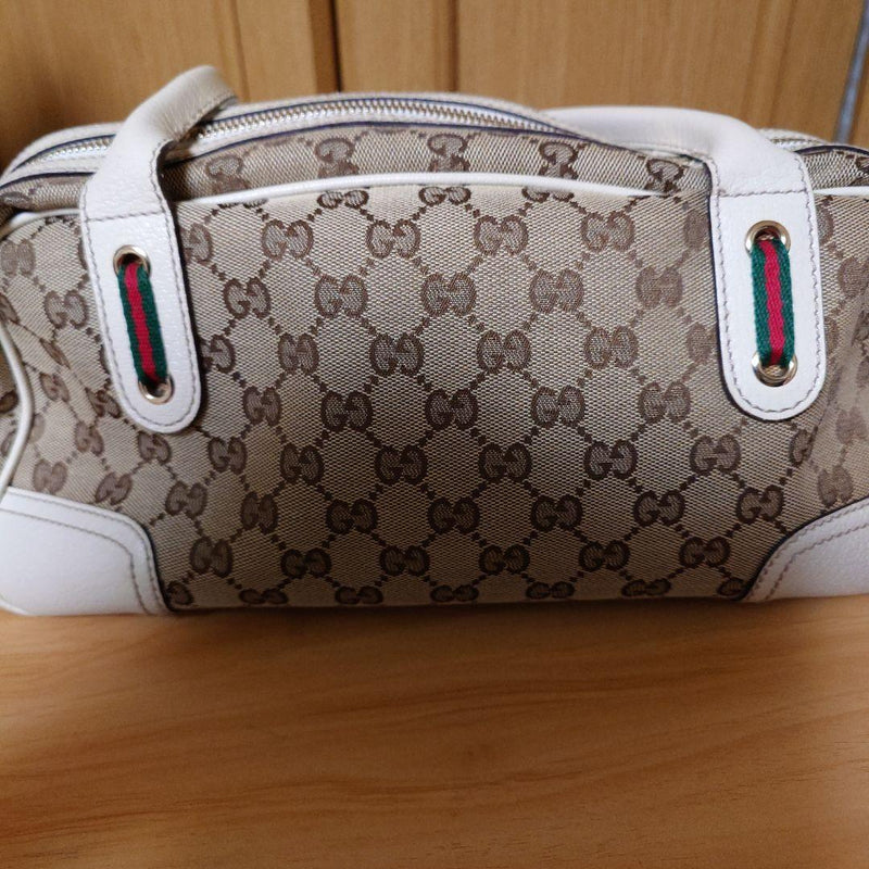 Gg Pattern Handbag Mini Boston Beige White Canvas Green Red Stripe