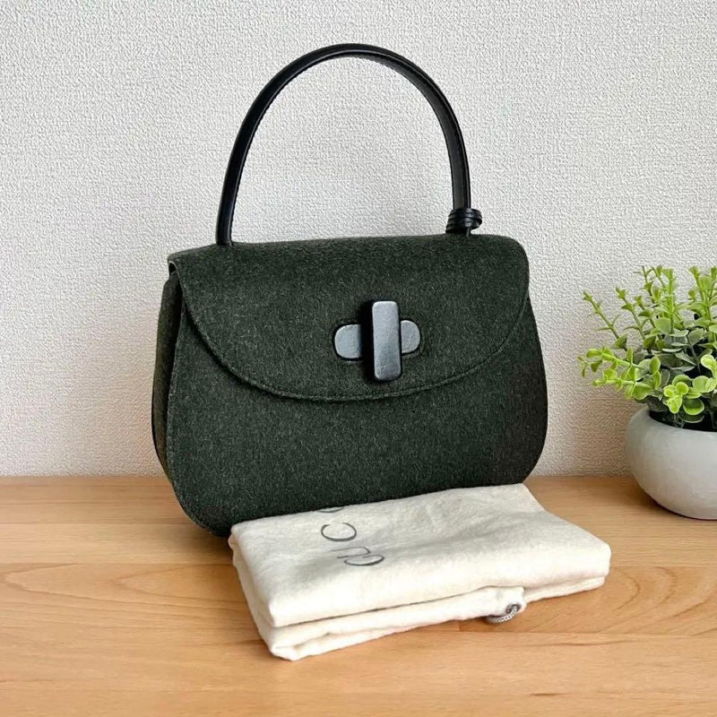 Flap Handbag Wool Dark Green Leather Dark Brown Handle S