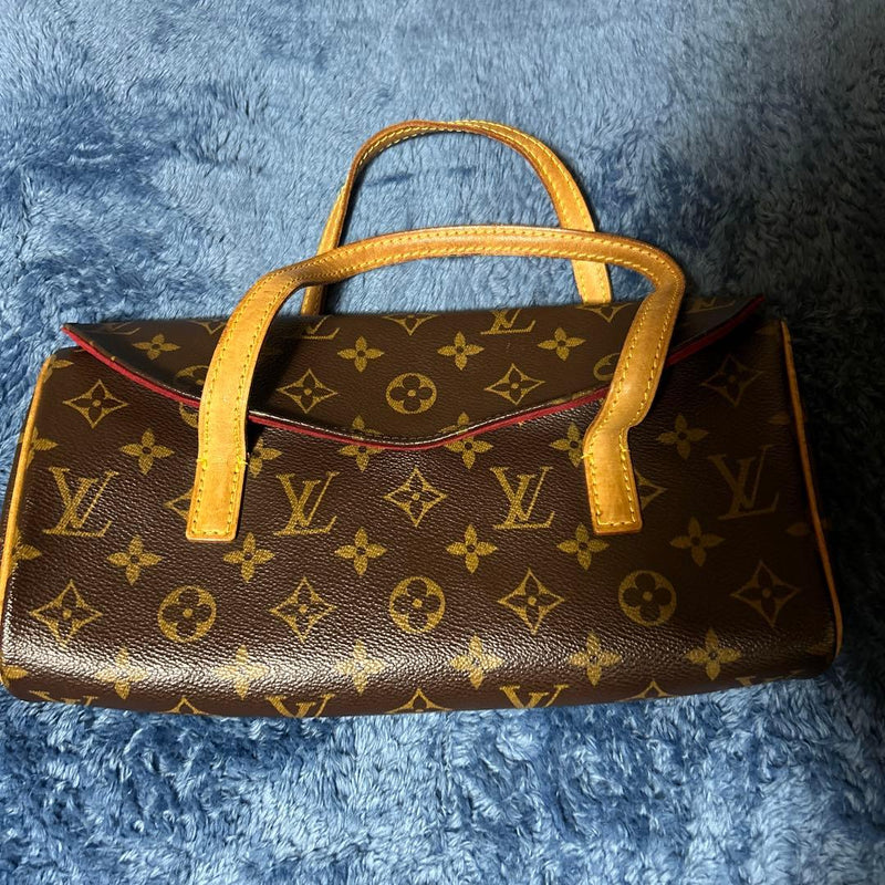 Monogram Handbag Leather Brown Yellow Double Handle Red Interior