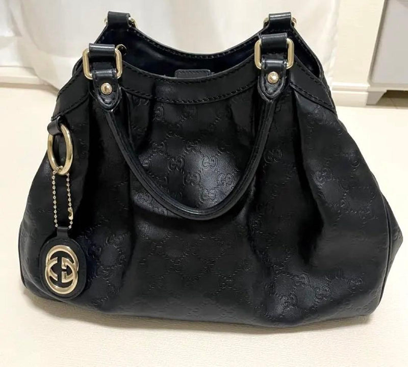 Gucci Guccissima Shima Leather Handbag Shoulder Bag Black Leather
