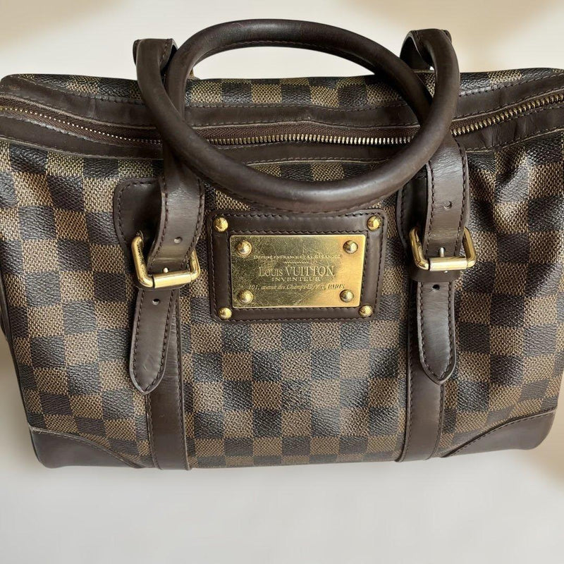 Damier Boston Hand Bag Brown Leather Gold Zipper