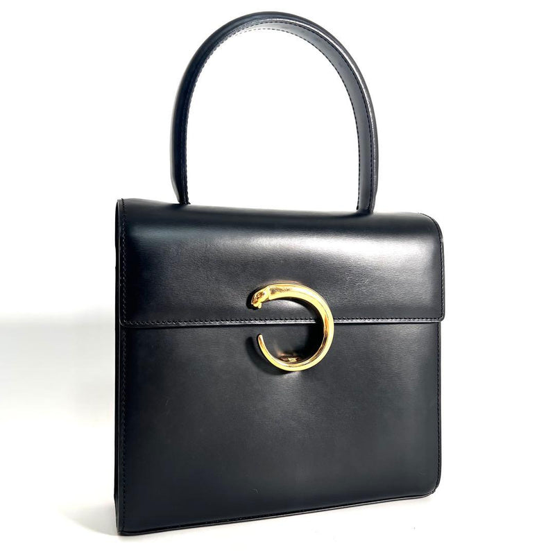 Panthere Top Handle Handbag Black Calfskin Leather Gold Hardware