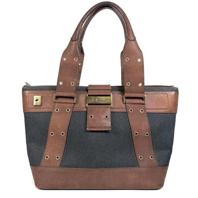Street Chic Tote Bag Denim Leather Handbag Navy Brown