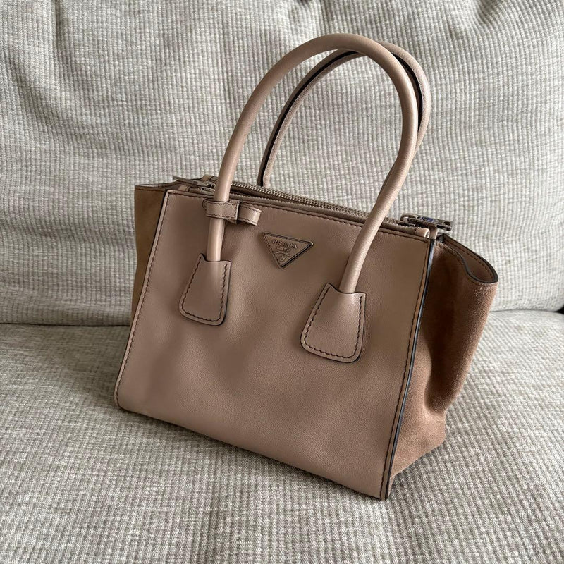 Prada Glacecalf+scam 2-Way Shoulder Bag Pomice Calfskin Suede Handbag