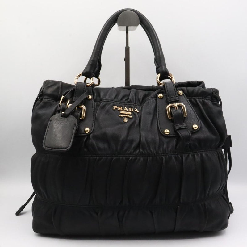 Prada Gathered Handbag Black Leather Tote Shoulder Bag