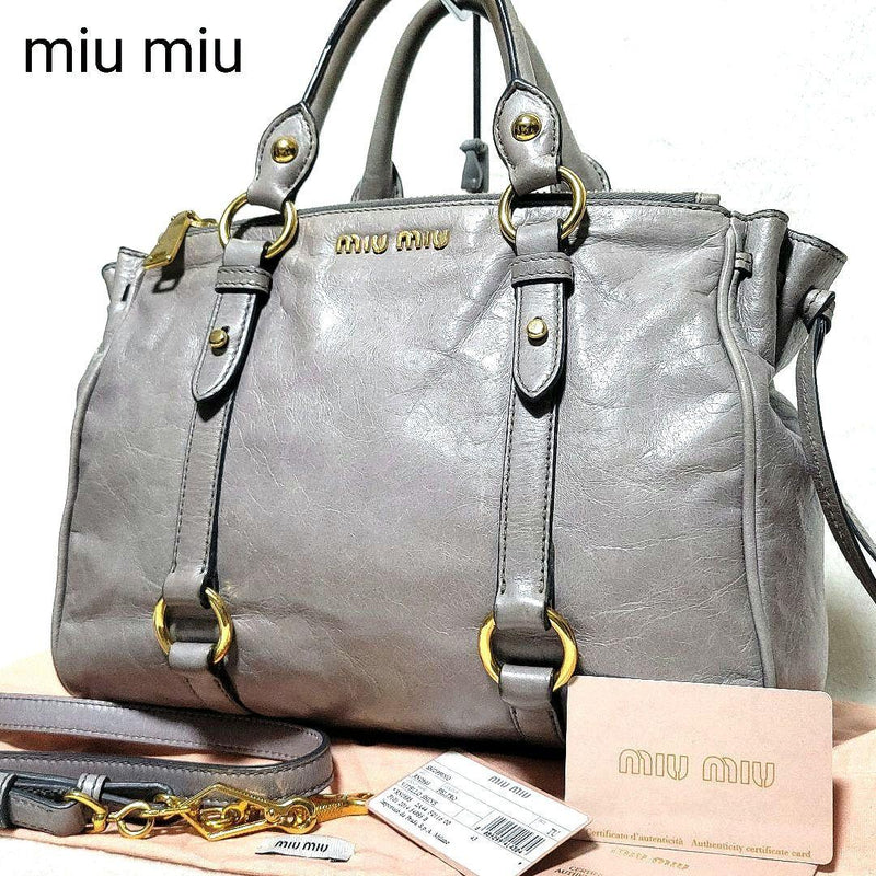 Miu Miu Vitello Shine RN0893 2way Handbag Shoulder Bag Leather Gray Gold