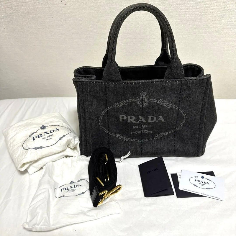 Prada Canapa Tote Bag Denim Black Handbag Shoulder Strap