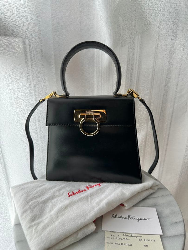 Salvatore Ferragamo Gancini Hand Bag Black Leather Gold Hardware