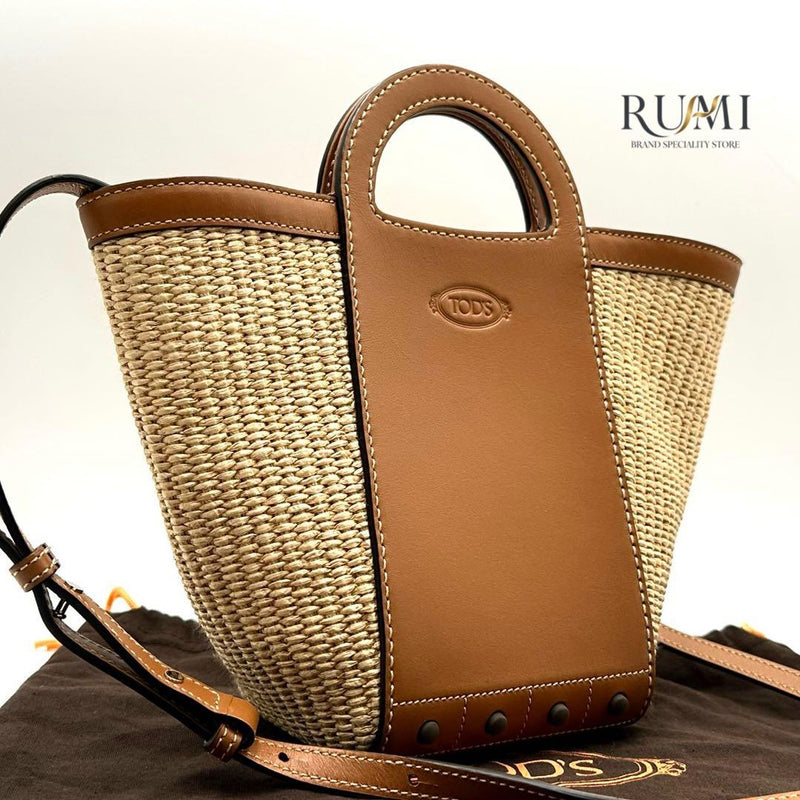 Tods Wave Raffia Basket 2-Way Handbag Shoulder Bag Brown Leather