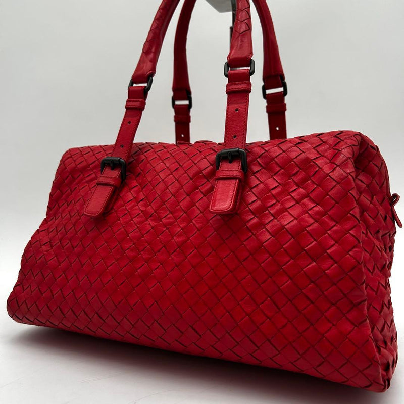 Bottega Veneta Montaigne Mini Boston Handbag Intrecciato Leather Red