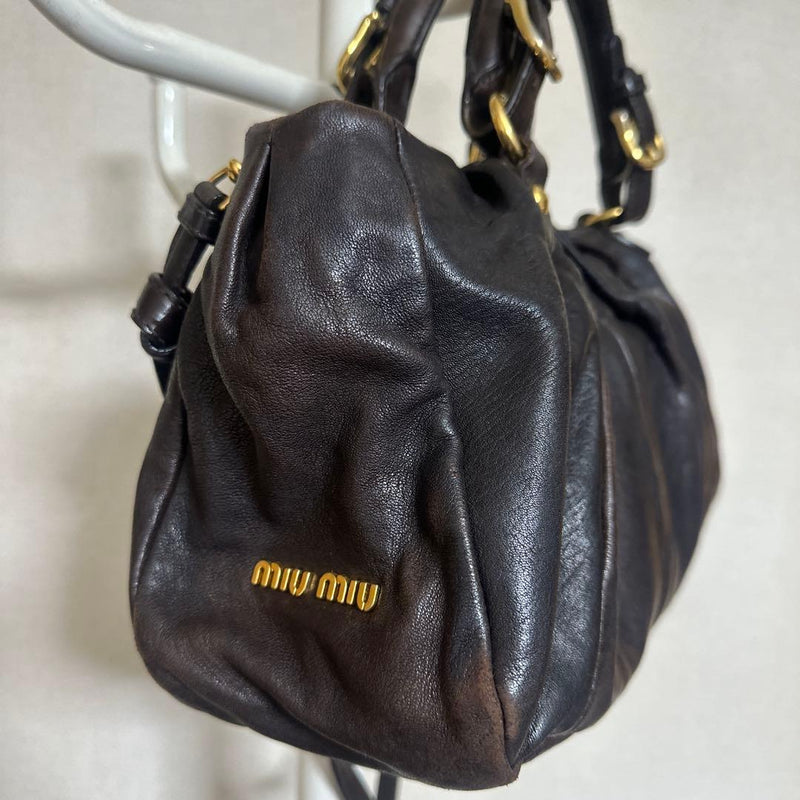 Miu Miu Pleated Handbag Shoulder Bag Dark Brown Leather