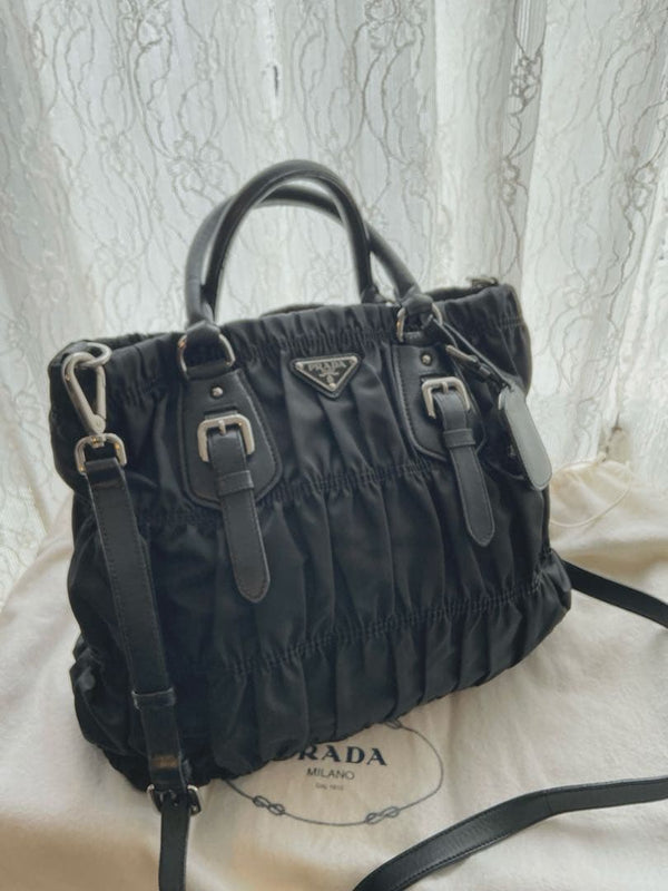 Prada Tessuto Pocono Gather Shoulder Bag Black Nylon Crossbody Bag