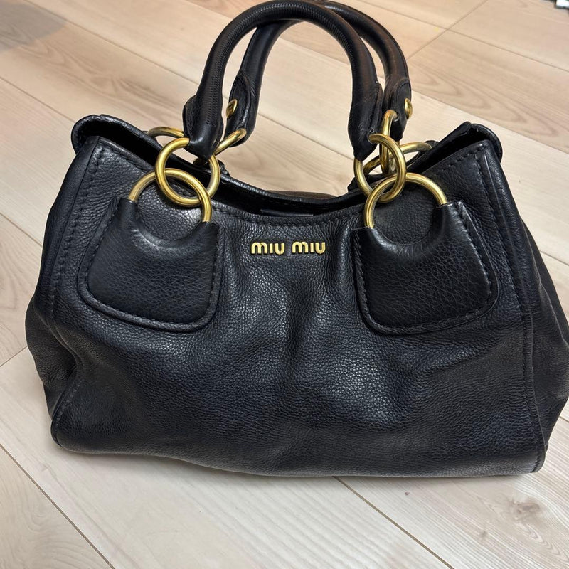 Miu Miu Handbag Tote Shoulder Bag Leather Black Gold Hardware