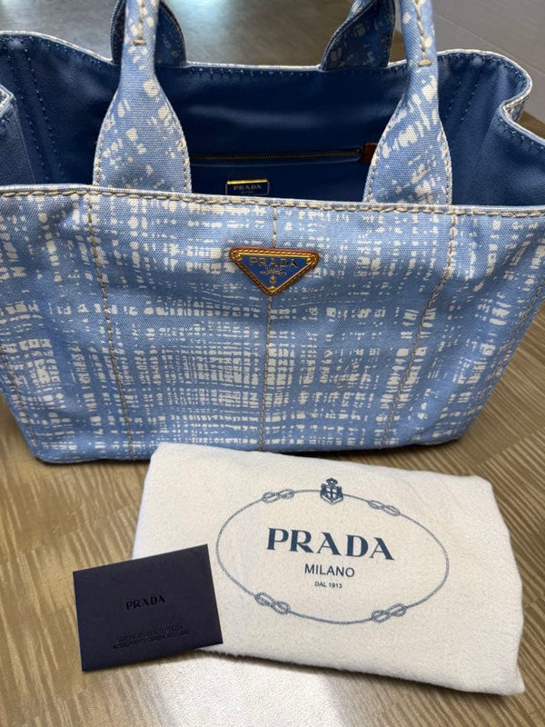 Prada Canapa Tote Bag Tweed Pattern Handbag Shoulder Bag