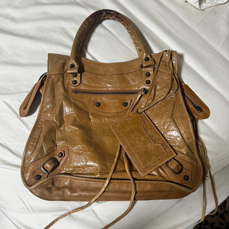 Balenciaga City The First Tote Bag Leather Brown Beige Antique Gold Hardware