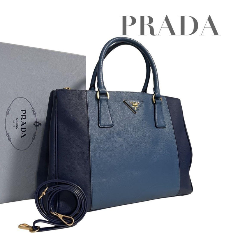 Prada Galleria Saffiano Handbag Tote Bicolor Blue Leather