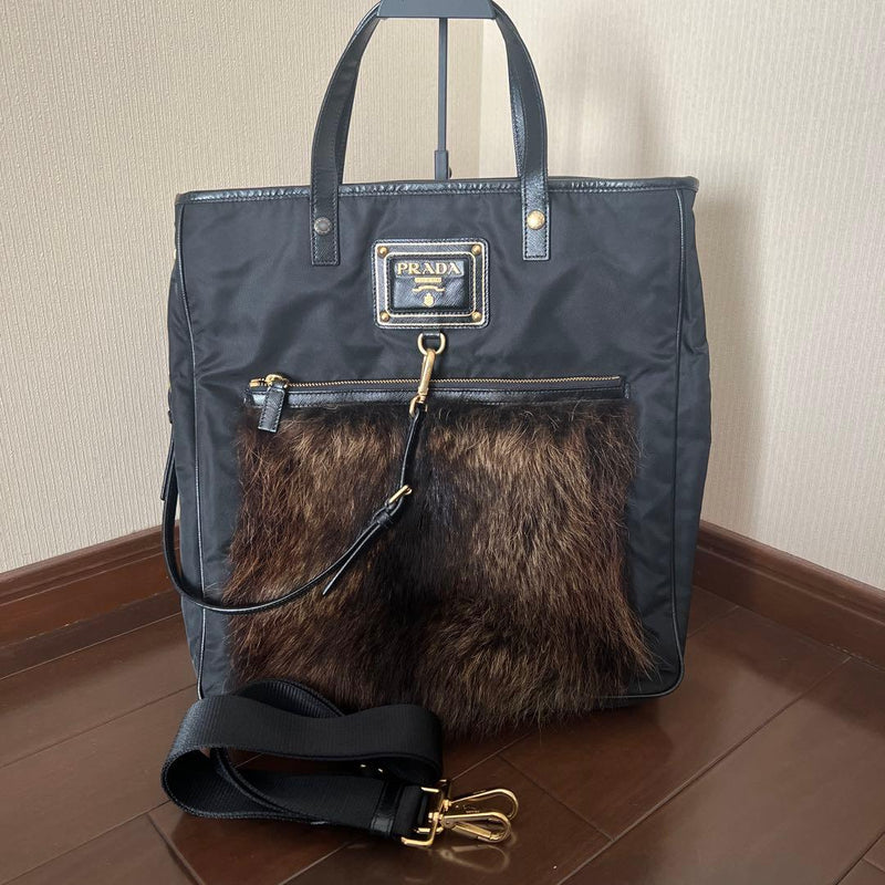 Prada Fur Tote Bag Nylon Leather Raccoon Black Gold Hardware 2WAY Shoulder