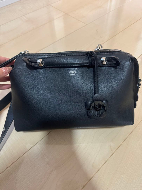Fendi By The Way Handbag Shoulder Bag Leather Black Floral
