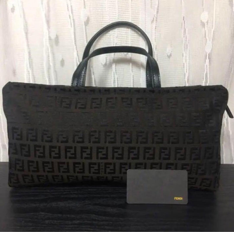 Fendi Zukka Monogram Handbag Tote Bag Brown Black Leather