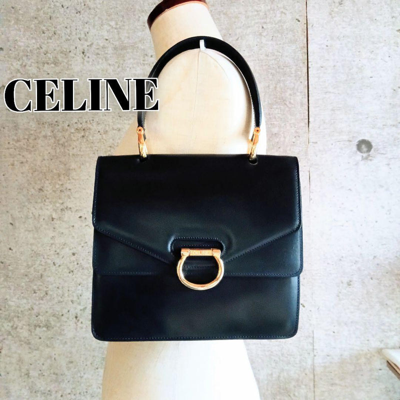 Celine Gancini Handbag Leather Dark Navy Red Lining Gold Hardware