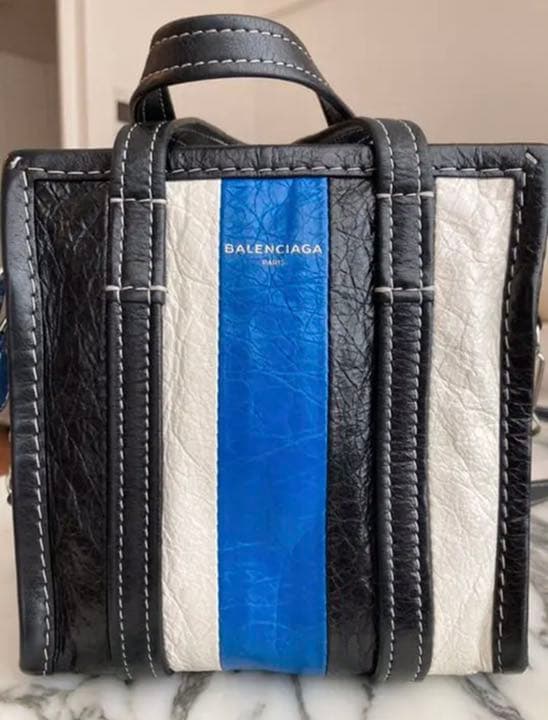 Balenciaga Bazar Shopper Xxs 2WAY Handbag Blue White Black Leather