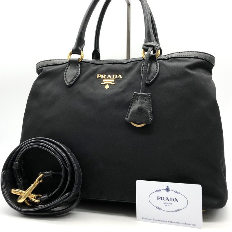 Prada 1BA173 Tessuto Nylon Leather 2-Way Shoulder Bag Handbag Black Gold