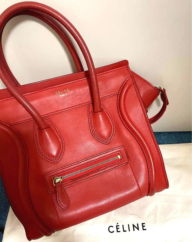 Celine Luggage Micro Shopper Handbag Leather Vermilion Red