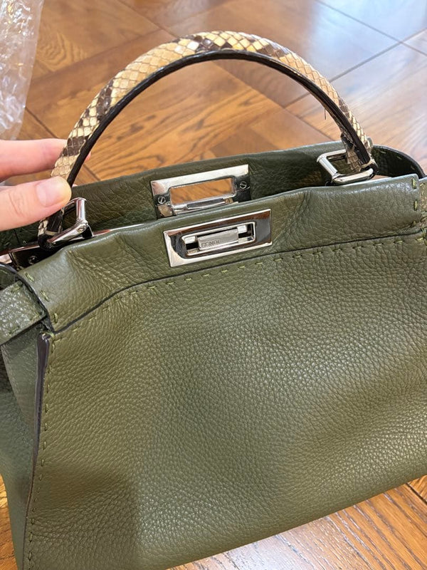 Fendi Peekaboo Medium Handbag Calf Leather Python Khaki