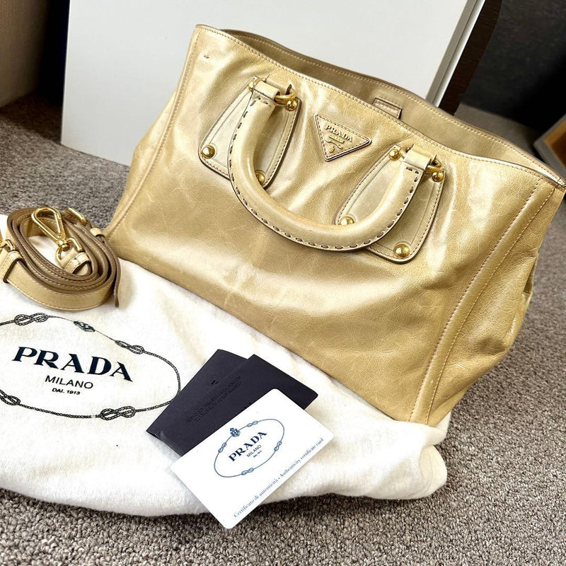 Prada BN1922 Vitello Shine Tote Handbag Quarzo Beige Leather