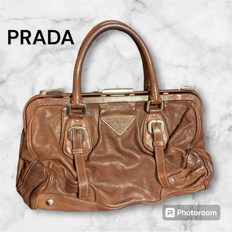Prada Washed Leather Doctor Bag Handbag Brown Guarantee Card