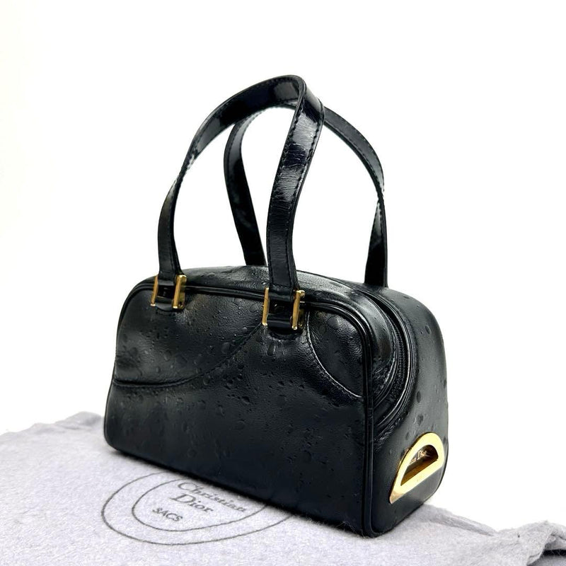 Dior Malice Pearl Handbag Ostrich Embossed Leather Black Gold Hardware