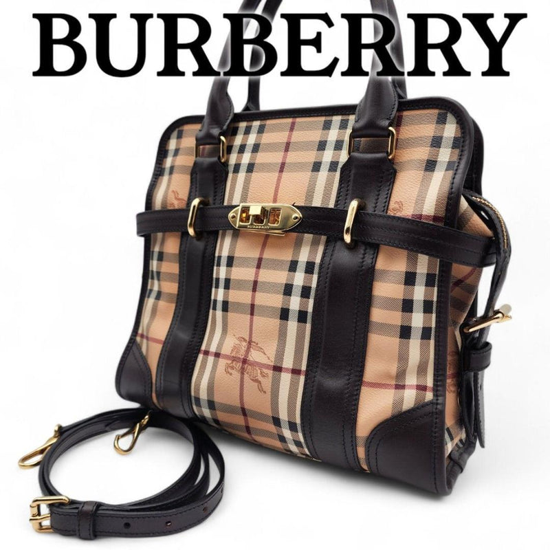 Burberry Nova Check Handbag Shoulder Bag Pvc Leather Beige Dark Brown