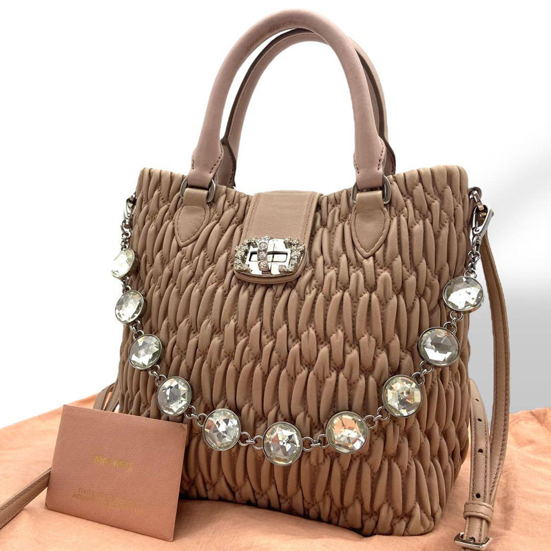 Miu Miu Nappa Crystal Matelasse 2-Way Handbag Shoulder Bag Leather Pink Beige
