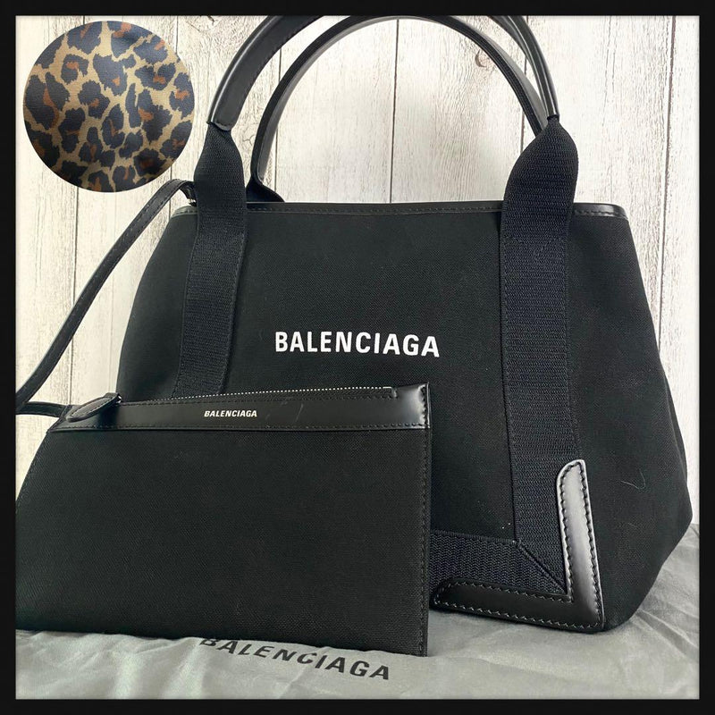Balenciaga Navy Cabas S Tote Bag Canvas Leather Leopard Print Black