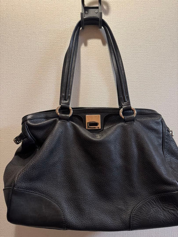 Celine Handbag Shoulder Bag Tote Black Leather Logo Plate