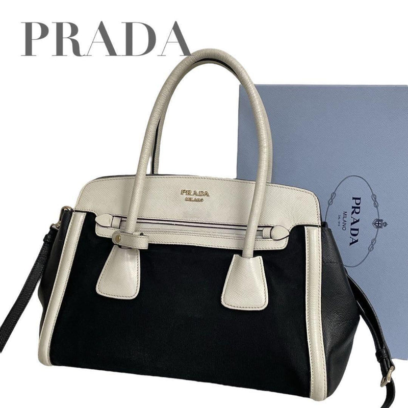 Prada Saffiano Bicolor Handbag Shoulder Bag Tote Leather White Black