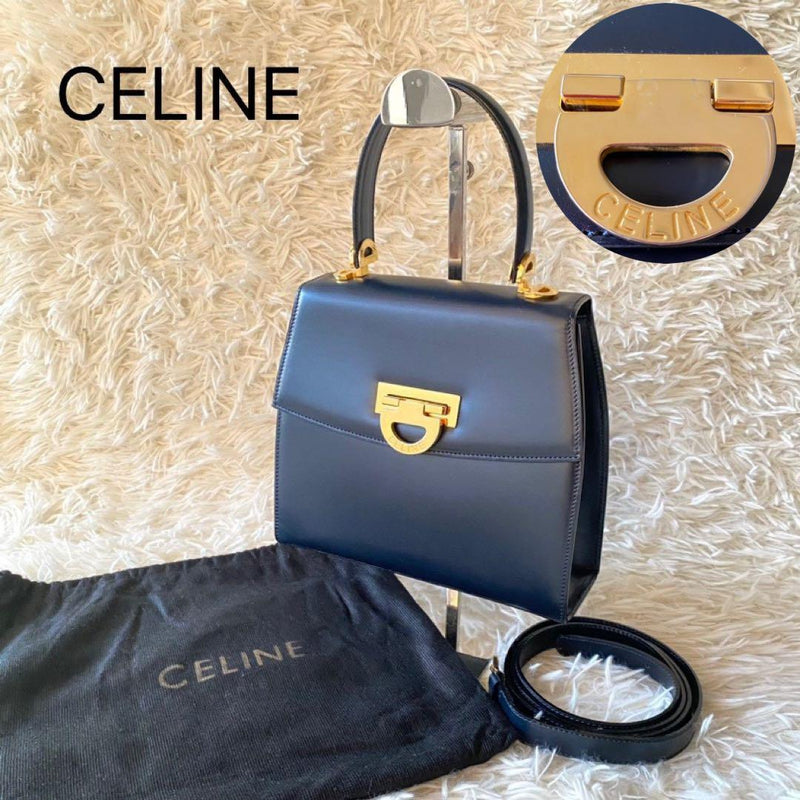 Celine 2-Way Shoulder Handbag Black Leather Gold Hardware Removable Strap