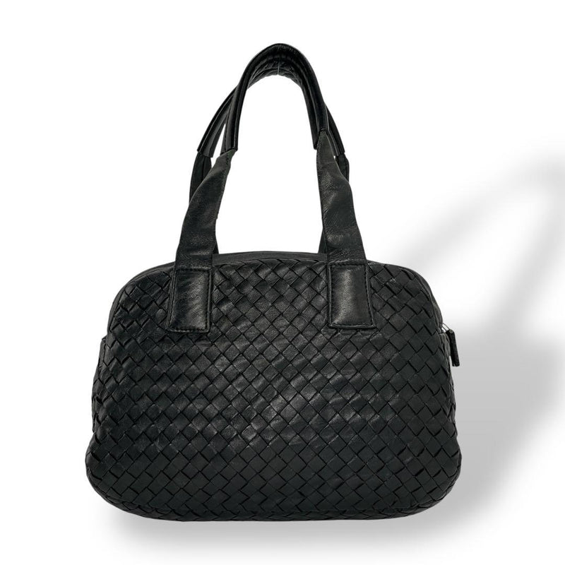 Bottega Veneta Intrecciato Mini Boston Handbag Black Leather Silver Hardware